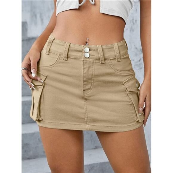 Dresses & Skirts - Y2K Light Khaki Cargo Denim Mini Skirt Low Waist‎ Extra Short Bodycon Skirt